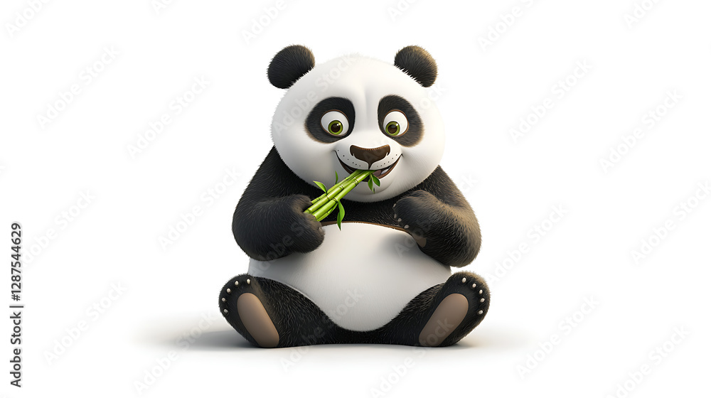 A cheerful cartoon panda eating bamboo, isolated on white background A cheerful cartoon panda eating bamboo, isolated on white background