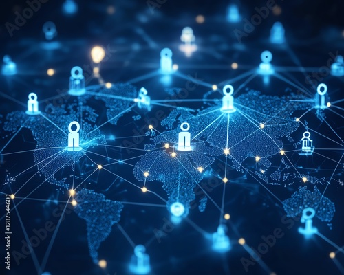 Dynamic tech illustration showing people connected globally in a network