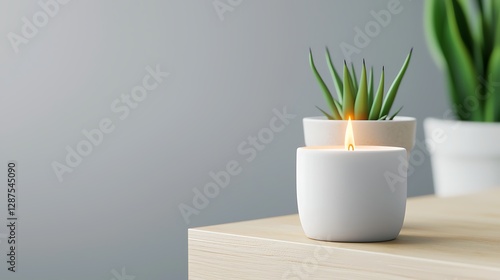 Wallpaper Mural Lit candle and succulents on wooden table, calming interior Torontodigital.ca