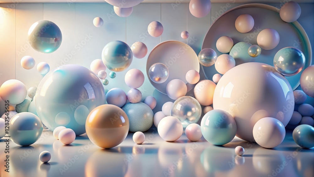 Dreamlike Spheres in a Softly Lit Interior Space Featuring a Collection of Pastel-Colored Orbs, Reflecting Light and Creating an Airy, Ethereal Atmosphere Dreamlike Spheres in a Softly Lit Interior Space Featuring a Collection of Pastel-Colored Orbs, Reflecting Light and Creating an Airy, Ethereal Atmosphere