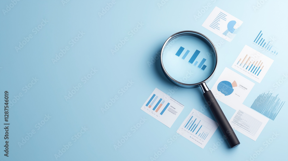 Data Examination: A magnifying glass hovers over financial reports and charts on a sky-blue surface, providing an overview of the business analysis. Data Examination: A magnifying glass hovers over financial reports and charts on a sky-blue surface, providing an overview of the business analysis.