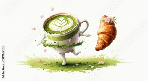 Matcha latte is dancing with croissant . cartoon