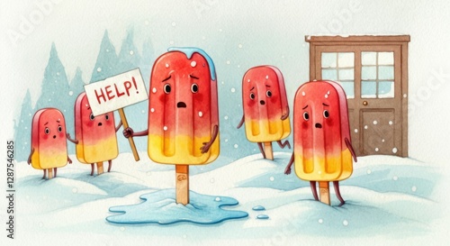 A whimsical scene featuring cartoon popsicles with expressive faces in a snowy landscape. One popsicle holds a 'HELP!' sign. A door is visible in the background.
