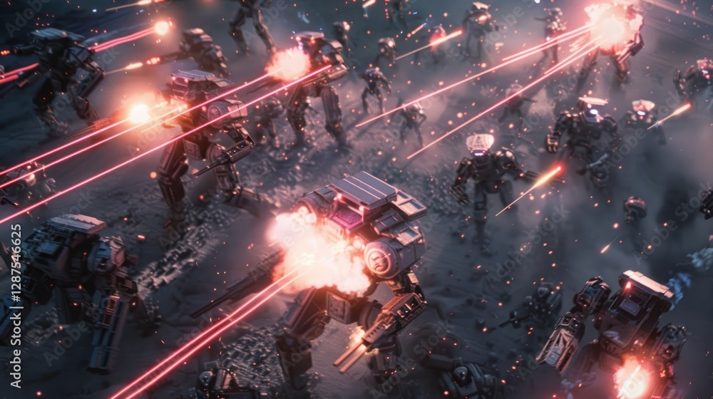 An fantasy army of robots shoot each other with laser weapons	
