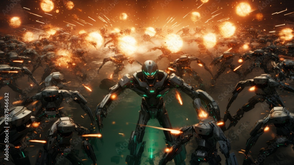 An army of robots shooting at each other with laser weapons An army of robots shooting at each other with laser weapons