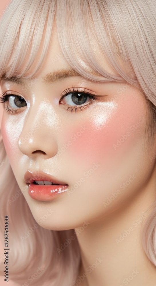 A young woman with pink hair and soft features gazes directly at the camera. Her skin has a glossy finish, enhancing her natural beauty. The background is soft and blurred, highlighting her face. A young woman with pink hair and soft features gazes directly at the camera. Her skin has a glossy finish, enhancing her natural beauty. The background is soft and blurred, highlighting her face.