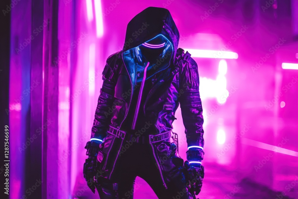 Naklejka premium Futuristic figure in neon-lit urban alleyway