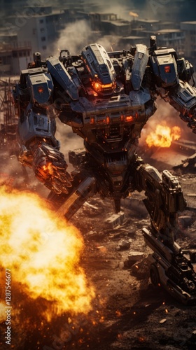 An army of robots shoot at each other with laser weapons 