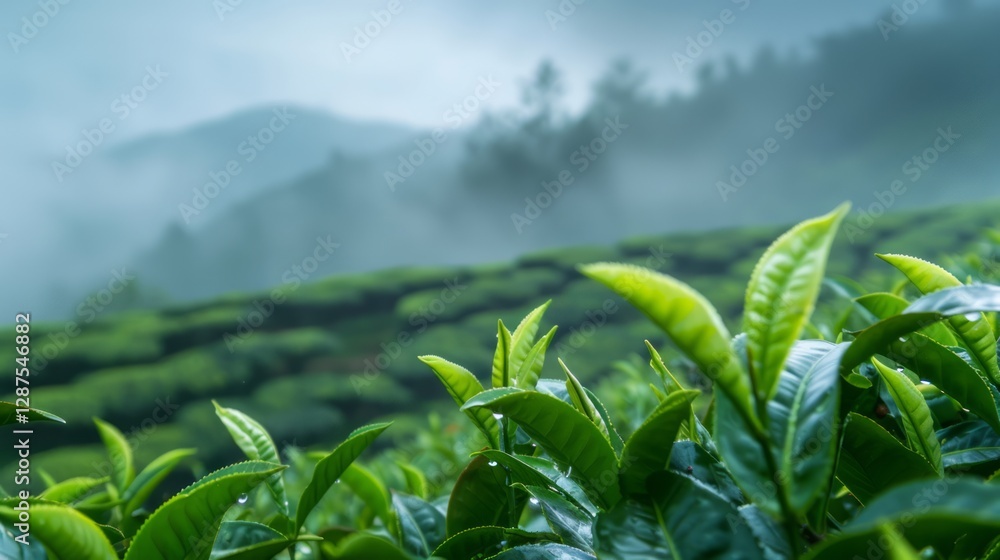 Tea plantations in the fog with tea leaves Tea plantations in the fog with tea leaves