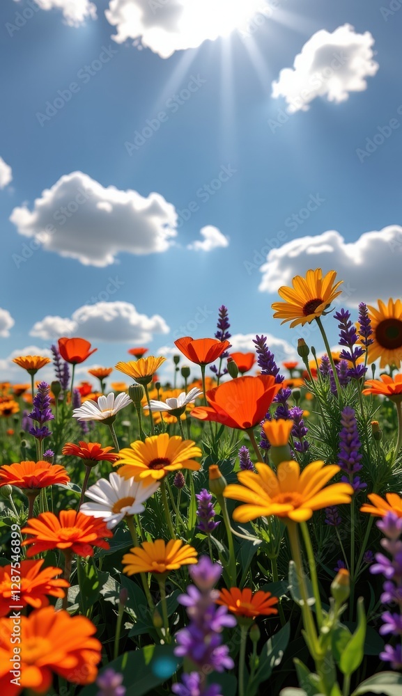 Vibrant wildflower meadow under a full moon glowing in an evening sky with colorful clouds Vibrant wildflower meadow under a full moon glowing in an evening sky with colorful clouds