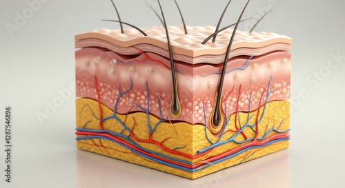 A detailed anatomical model of human skin is displayed. It illustrates various layers including epidermis, dermis, and subcutaneous tissue. Hair follicles and blood vessels are visible.