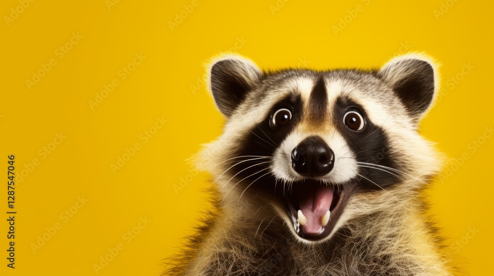 Obraz premium A very surprised raccoon with its eyes and mouth open on a yellow background 