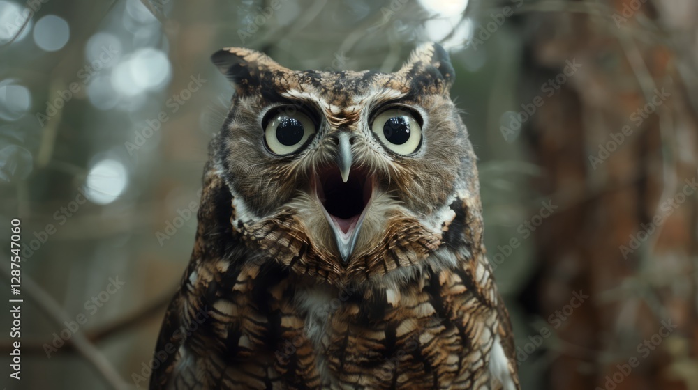 A very surprised owl with wide-open eyes and beak A very surprised owl with wide-open eyes and beak