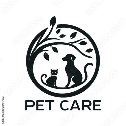 Simple logo for a pet care company featuring a dog and cat under a tree.