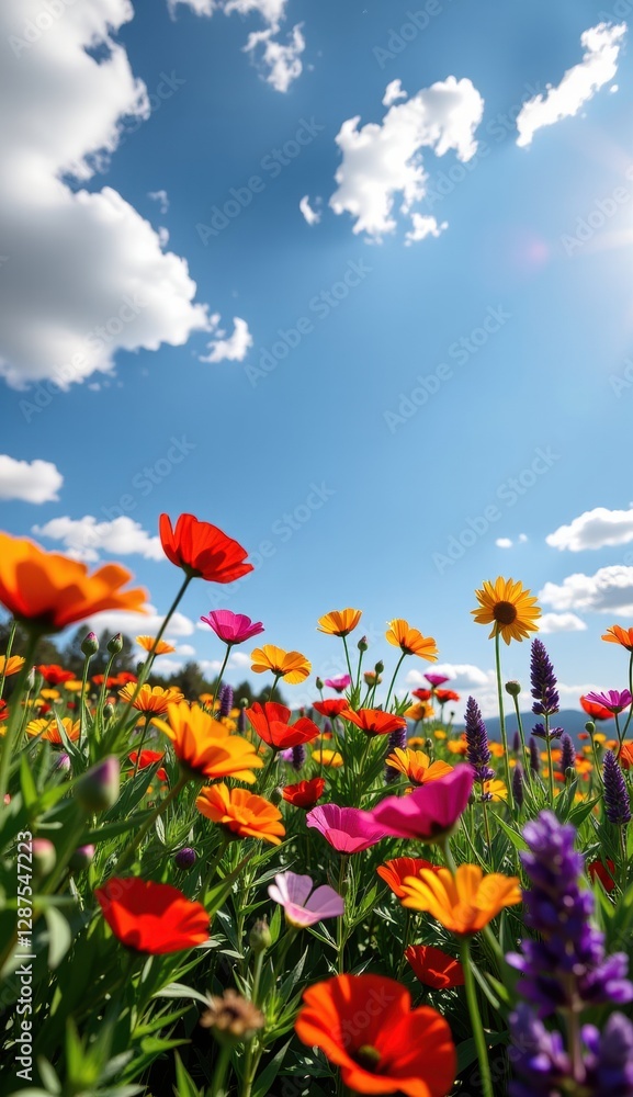 Vibrant wildflower meadow under a full moon glowing in an evening sky with colorful clouds Vibrant wildflower meadow under a full moon glowing in an evening sky with colorful clouds