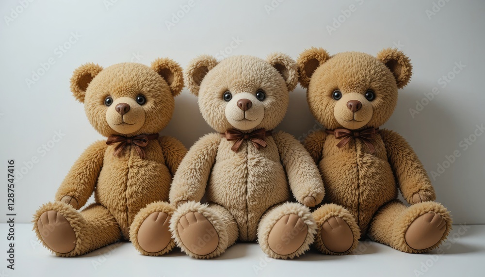 Obraz premium Three Cute Teddy Bears Sitting in a Row with Bow Ties