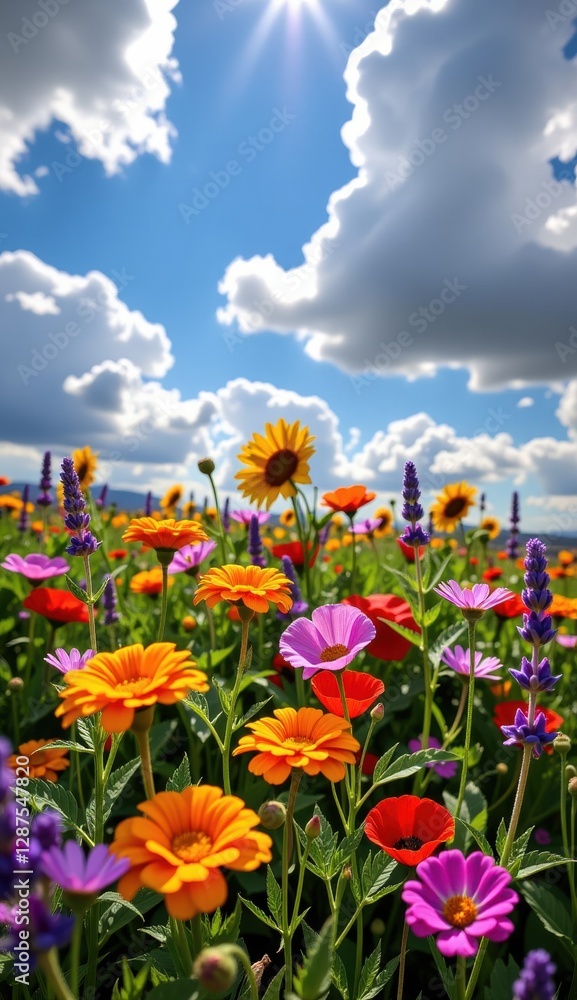 Vibrant wildflower meadow under a full moon glowing in an evening sky with colorful clouds Vibrant wildflower meadow under a full moon glowing in an evening sky with colorful clouds