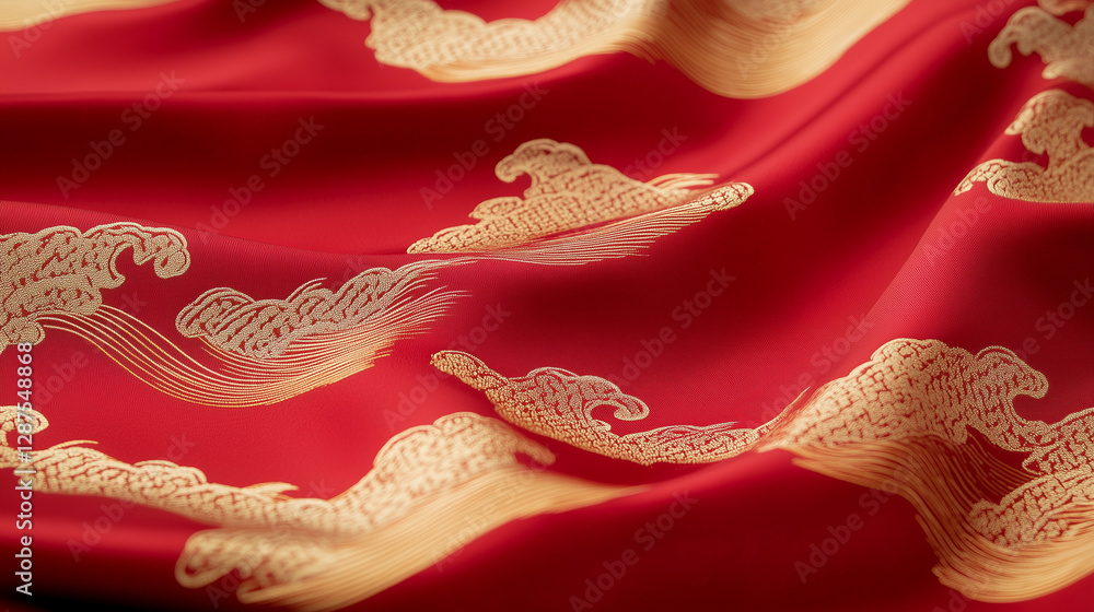 Obraz premium Radiant Red Fabric with Intricate Cloud Embroidery: A vibrant textile, adorned with detailed cloud patterns, drapes gracefully.