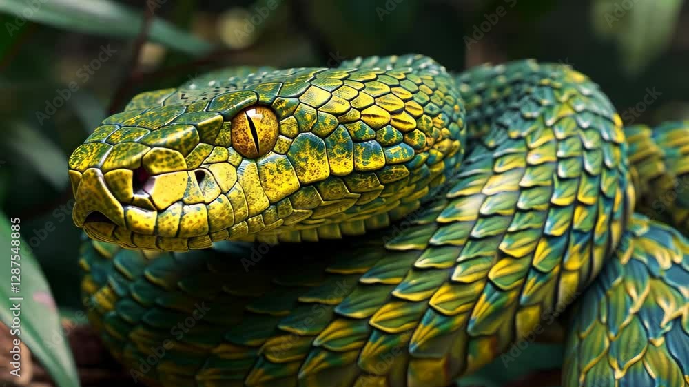 Atheris nitschei, the vibrant attacking snake in its natural tropical habitat, showcasing its striking green and yellow scales as it prepares to strike at sunset Atheris nitschei, the vibrant attacking snake in its natural tropical habitat, showcasing its striking green and yellow scales as it prepares to strike at sunset
