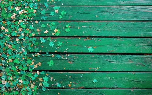 Bright green wooden surface with festive confetti for Saint Patricks Day