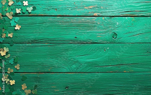 Bright green wooden surface with festive confetti for Saint Patricks Day