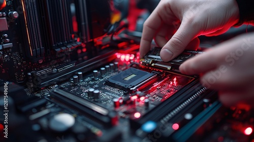 A person installing a component in computer motherboard