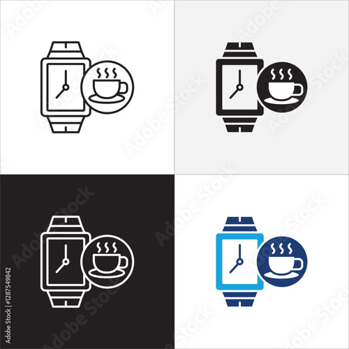 Coffee break icon set. Coffee cup icon collection. Icon set contain symbol of coffee time, rest hours, lunchtime, eat, cafe, watch, addict, hourglass, routine. Vector stock illustration.