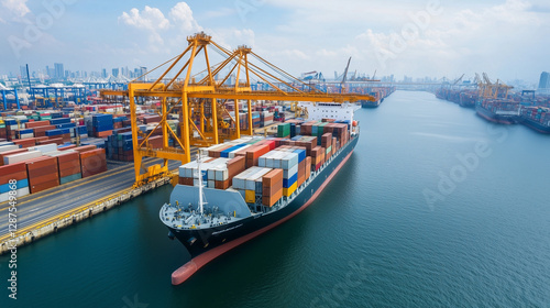 Global Trade Hub: A high-angle shot showcases a colossal container ship docked at a bustling port, laden with colorful shipping containers, under a clear blue sky. © pattozher