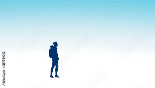 Silhouette Hiker with Backpack: Tranquil Exploration in Nature's Vast Landscape