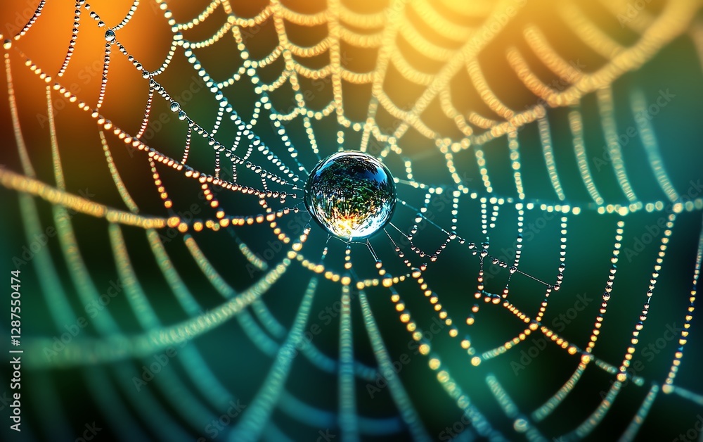 Naklejka premium A stunning spiderweb with a glistening dew drop, embodying fragile beauty, mesmerizing geometry, and the aweinspiring perfection of nature, ultradetailed, 8K