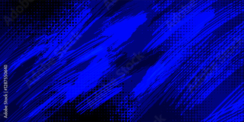 Dynamic abstract background with bold blue brush strokes, halftone dots, and grunge textures. Perfect for modern designs, gaming themes, and futuristic digital artwork.