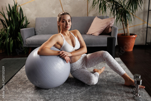 young athletic girl doing sports, stretching, yoga at home. Workout at home, in bedroom, living room