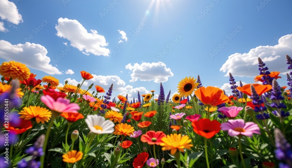 Vibrant wildflower meadow under a full moon glowing in an evening sky with colorful clouds Vibrant wildflower meadow under a full moon glowing in an evening sky with colorful clouds