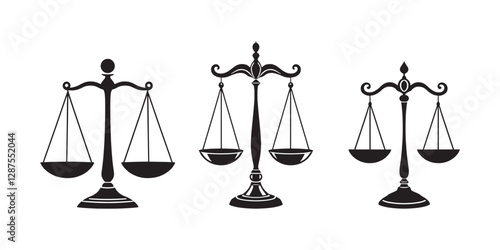 set of Scales isolated monochrome icon. Vector dual balance Themis scales of justice on decorative stand. Mechanical balancing scales, symbol of law and judgment, punishment and truth, .