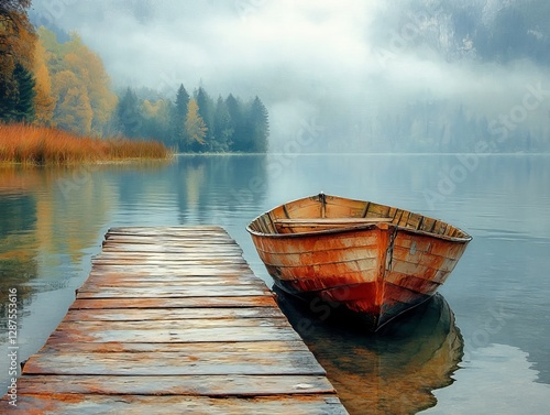 A Tranquil Retreat: Rustic Rowboat Moored at a Wooden Dock on a Misty Lake During Autumn, Surrounded by Colorful Trees.