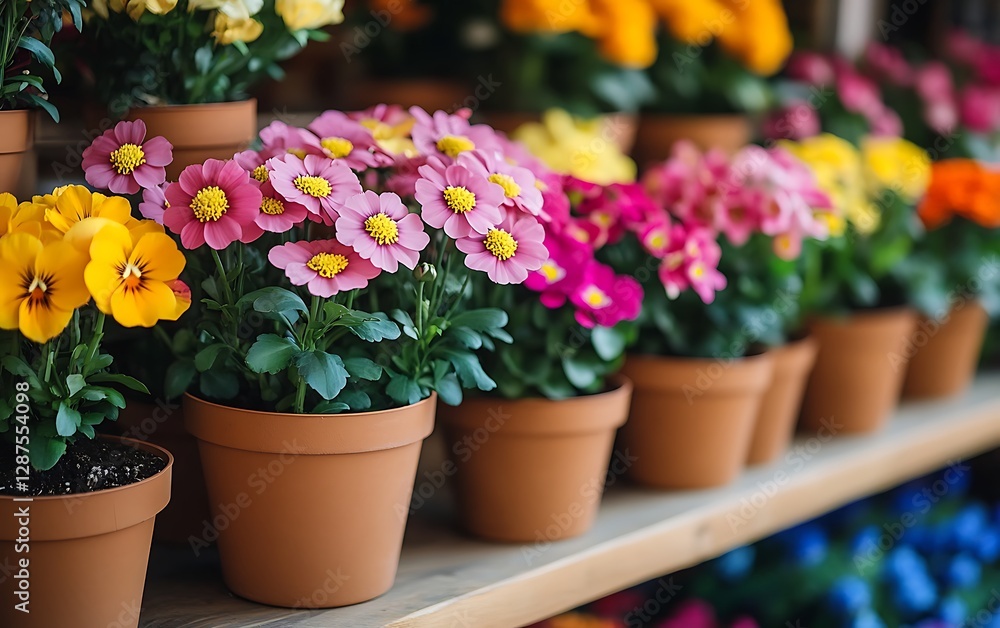 a group of potted flowers on a shelf a group of potted flowers on a shelf