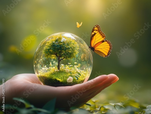 Holding the World: A delicate ecosystem encapsulated in a glass globe rests in human hands, symbolizing environmental care and the fragility of nature. Butterflies add to the whimsical, dreamlike qual photo