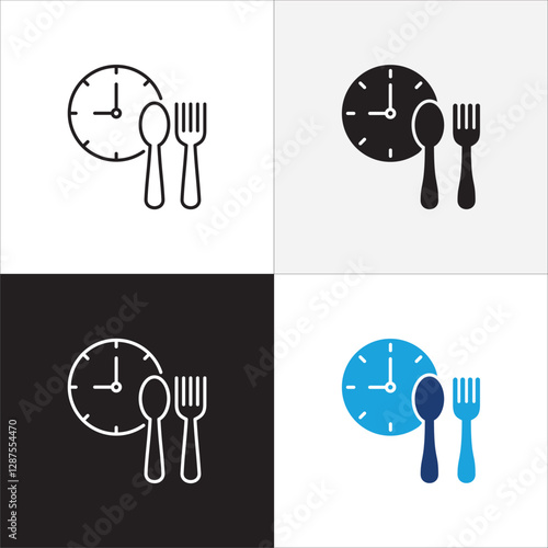 Lunch time icon set. Time break for lunch icon collection. Icon set contain symbol of restaurant, dinner, eat schedule, rest hours, lunchtime, eat, cafe, routine. Vector stock illustration.