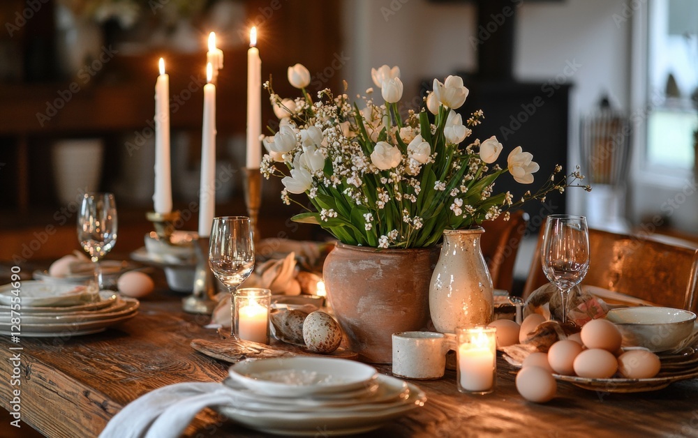 Easter candlelit dinner with cozy warm tones and rustic charm Easter candlelit dinner with cozy warm tones and rustic charm