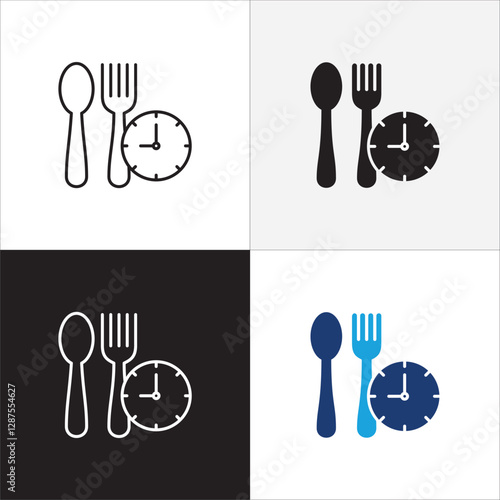 Lunch time icon set. Time break for lunch icon collection. Icon set contain symbol of restaurant, dinner, eat schedule, rest hours, lunchtime, eat, cafe, routine. Vector stock illustration.