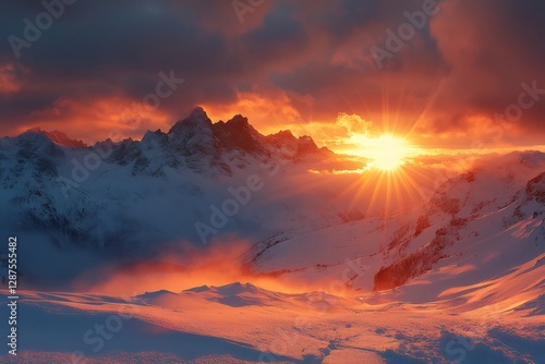 Majestic winter sunrise illuminating snowy mountain peaks