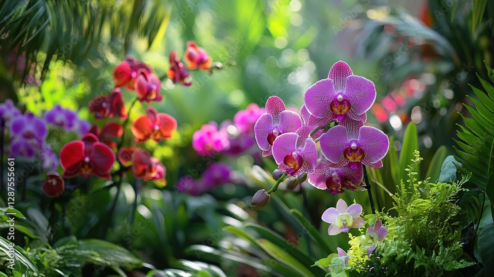 Obraz premium A garden scene featuring an array of orchids in various colors, with a striking purple orchid blooming in the foreground. The delicate petals shimmer against a backdrop of green foliage, 
