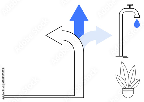 Arrows indicating change of direction, water tap with droplet, and plant in pot. Ideal for growth, choices, sustainability, resource management, decision-making, environmental awareness life