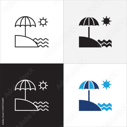 Beach picnic icon set. Holiday and vacation icon collection. Icon set contain symbol of day off, work, business, travel, job, beach, mountain, summer, umbrella, suitcase. Vector stock illustration.