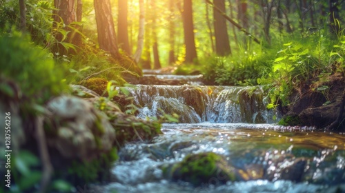 Peaceful spring scene with a flowing water stream surrounded by green forest.

