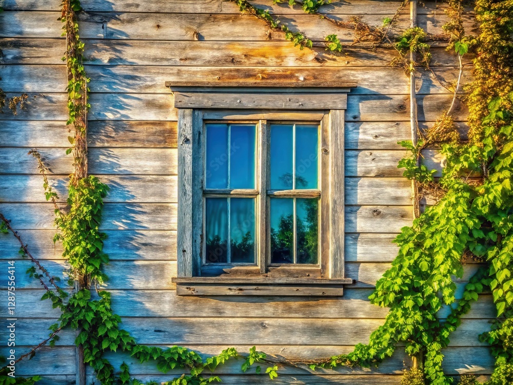 Charming White Wooden House with a Bright Blue Window - Perfect Cottagecore Stock Photo Charming White Wooden House with a Bright Blue Window - Perfect Cottagecore Stock Photo