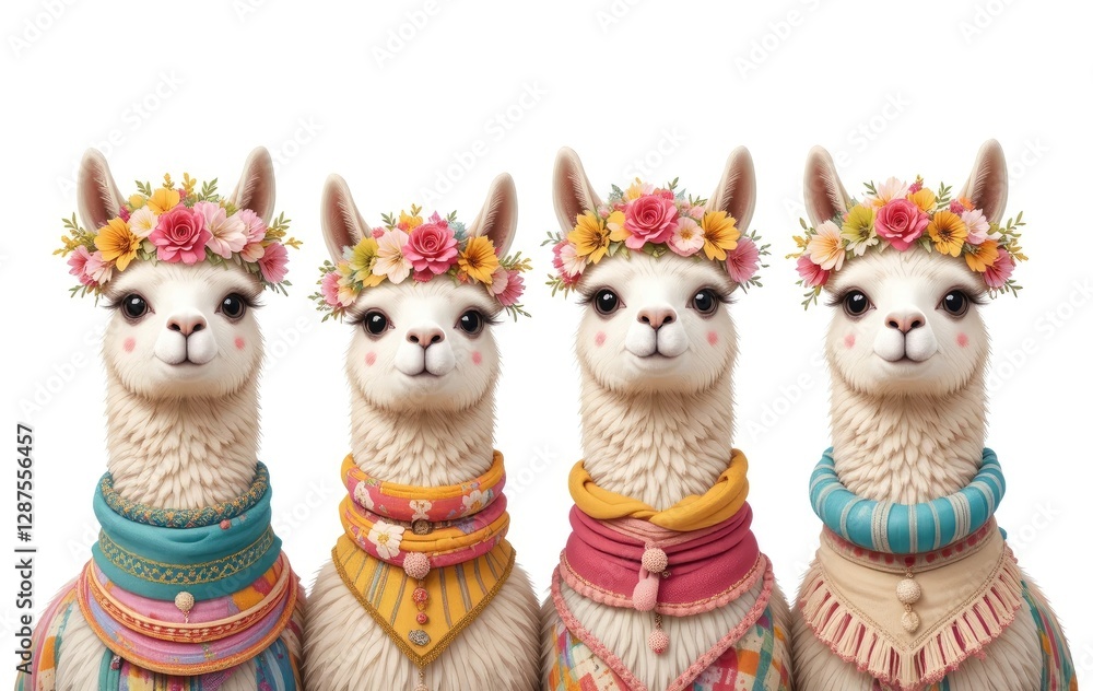 Fototapeta premium Whimsical Llamas Wearing Floral Crowns and Colorful Neck Accessories