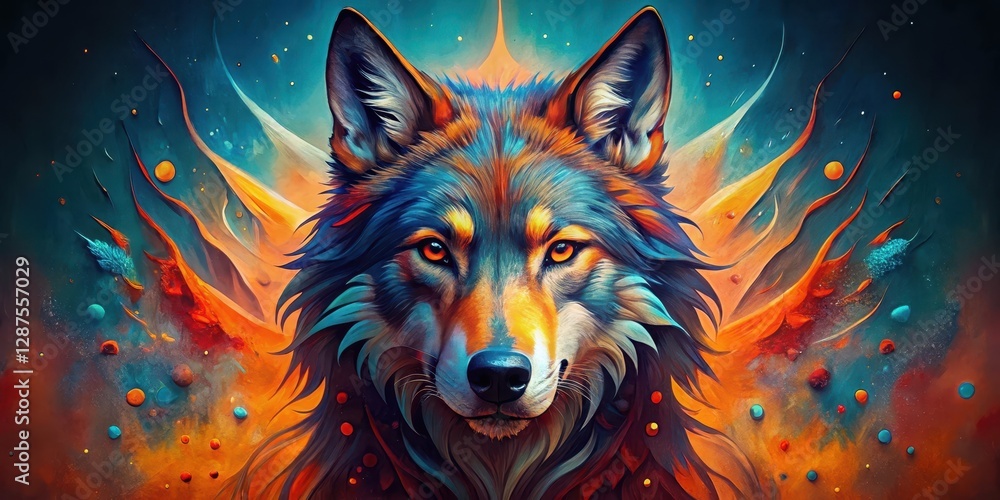 Fototapeta Vibrant Wolf Portrait in a Cosmic Abstract Setting, a Majestic Canine with Fiery Hues and Celestial Dust