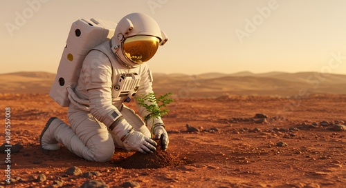 Astronaut Planting Seedling on Red Planet Surface Exploring Space