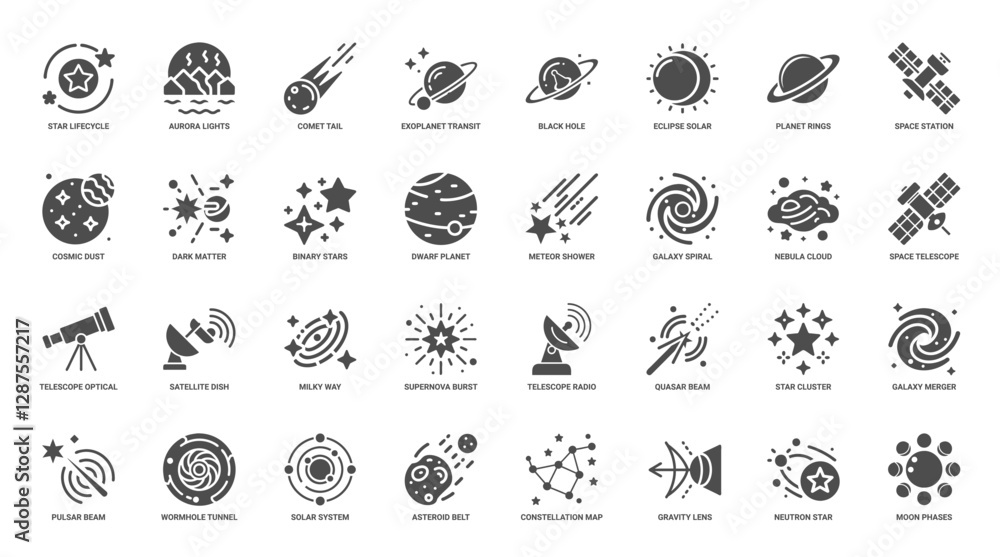 Fototapeta premium space astronomy science glyph icon, star cluster telescope optical solar system planet